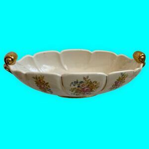 Vintage Abingdon USA Pottery Console Bowl Planter-White Pink Floral gold trim
